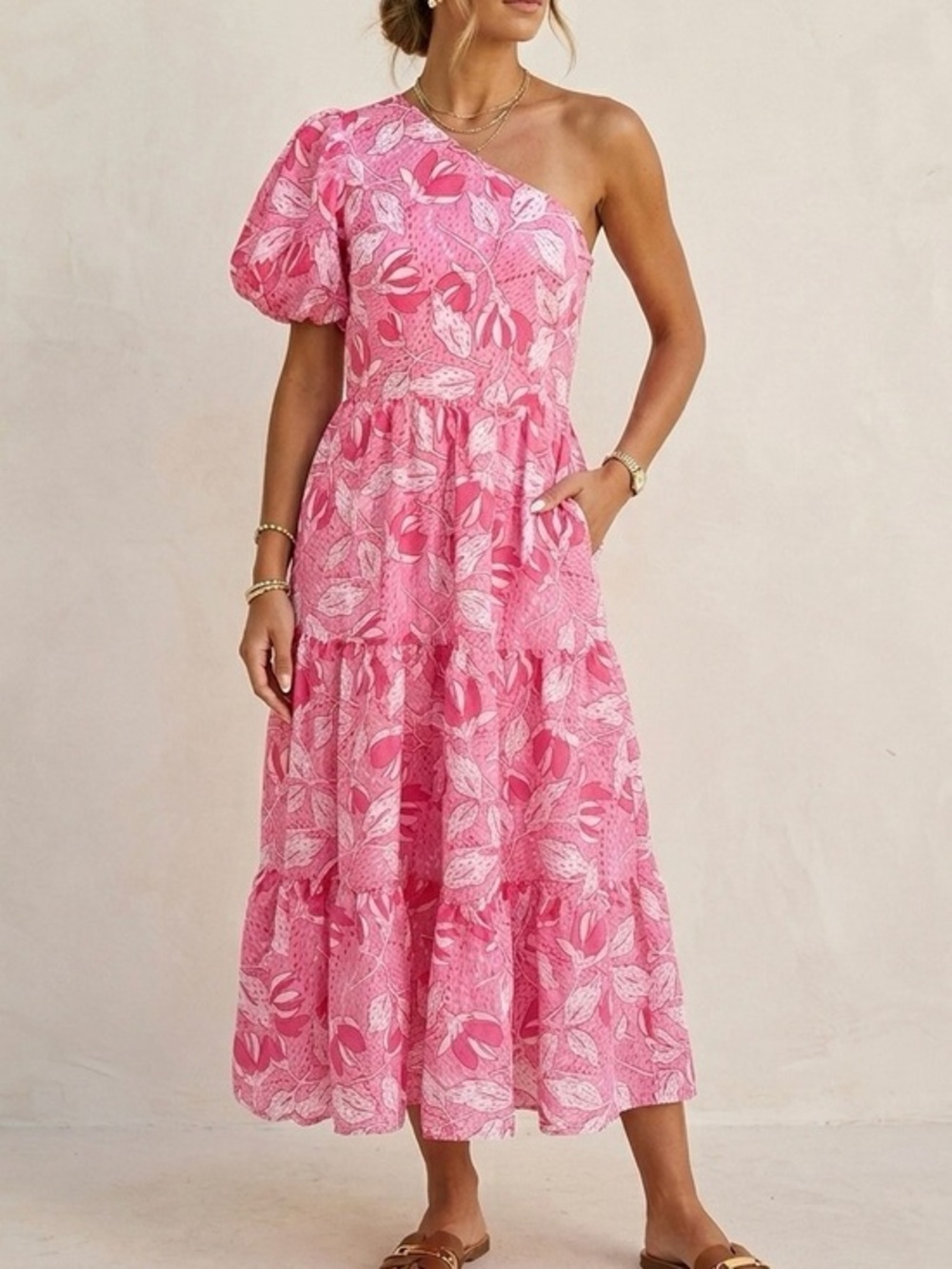 J. MARIE Leilani One Shoulder Tiered Floral Midi Dress Pink Magnolia NWT